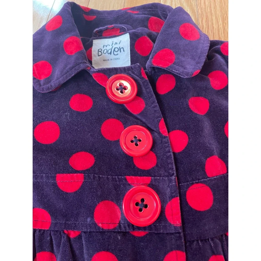 Mini Boden Girls Purple Red Polka Dot Velvet Coat Jacket Cotton‎ 7-8Y